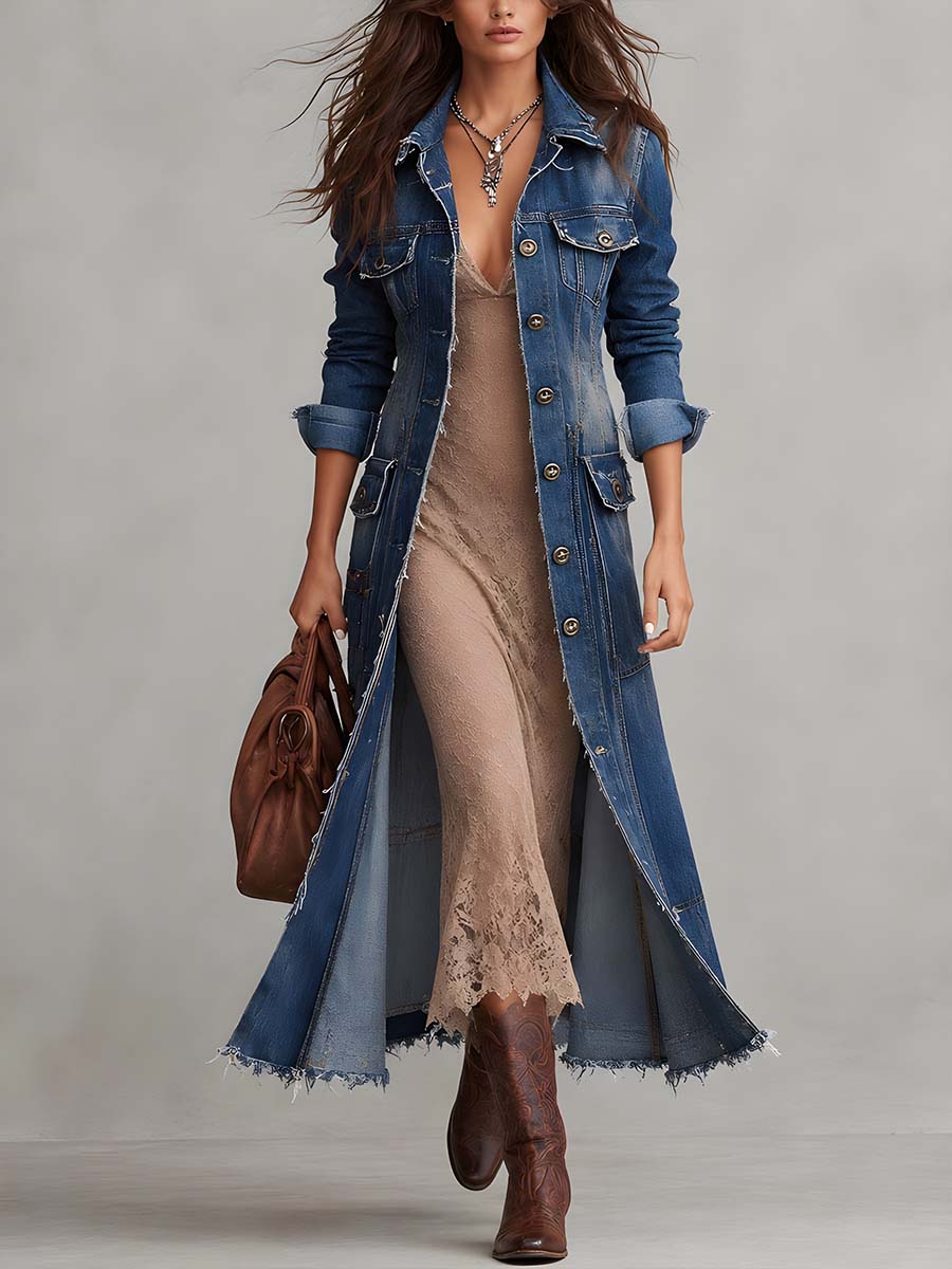 Distressed Denim Long Coat With Fringed Edges