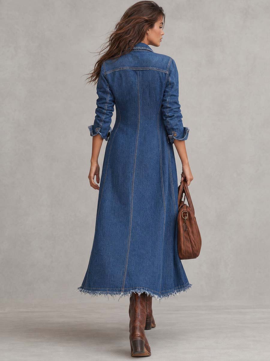 Distressed Denim Long Coat With Fringed Edges