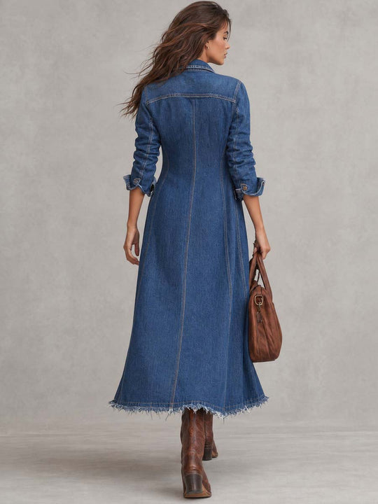 Distressed Denim Long Coat With Fringed Edges