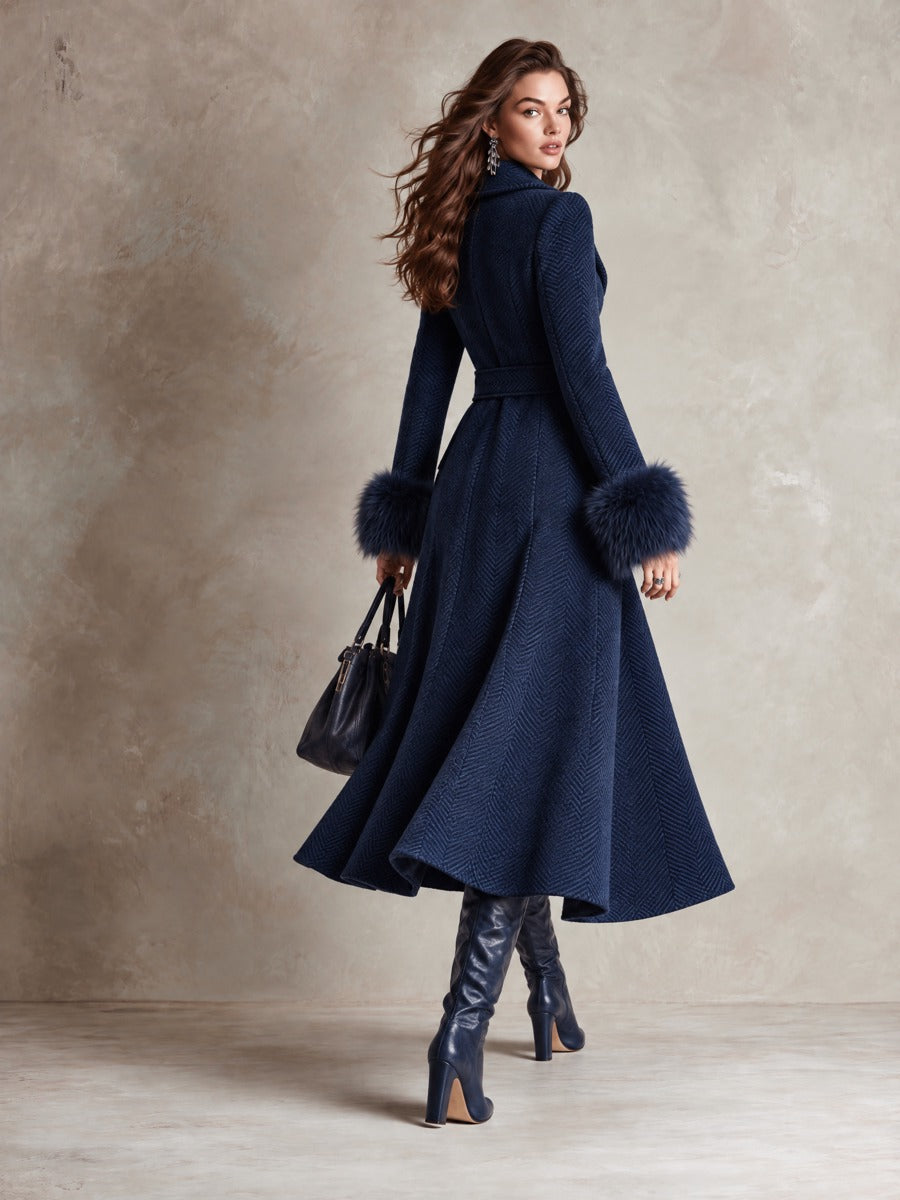 Elegant Belted Chenille Herringbone Long Coat With Detachable Fur Cuffs