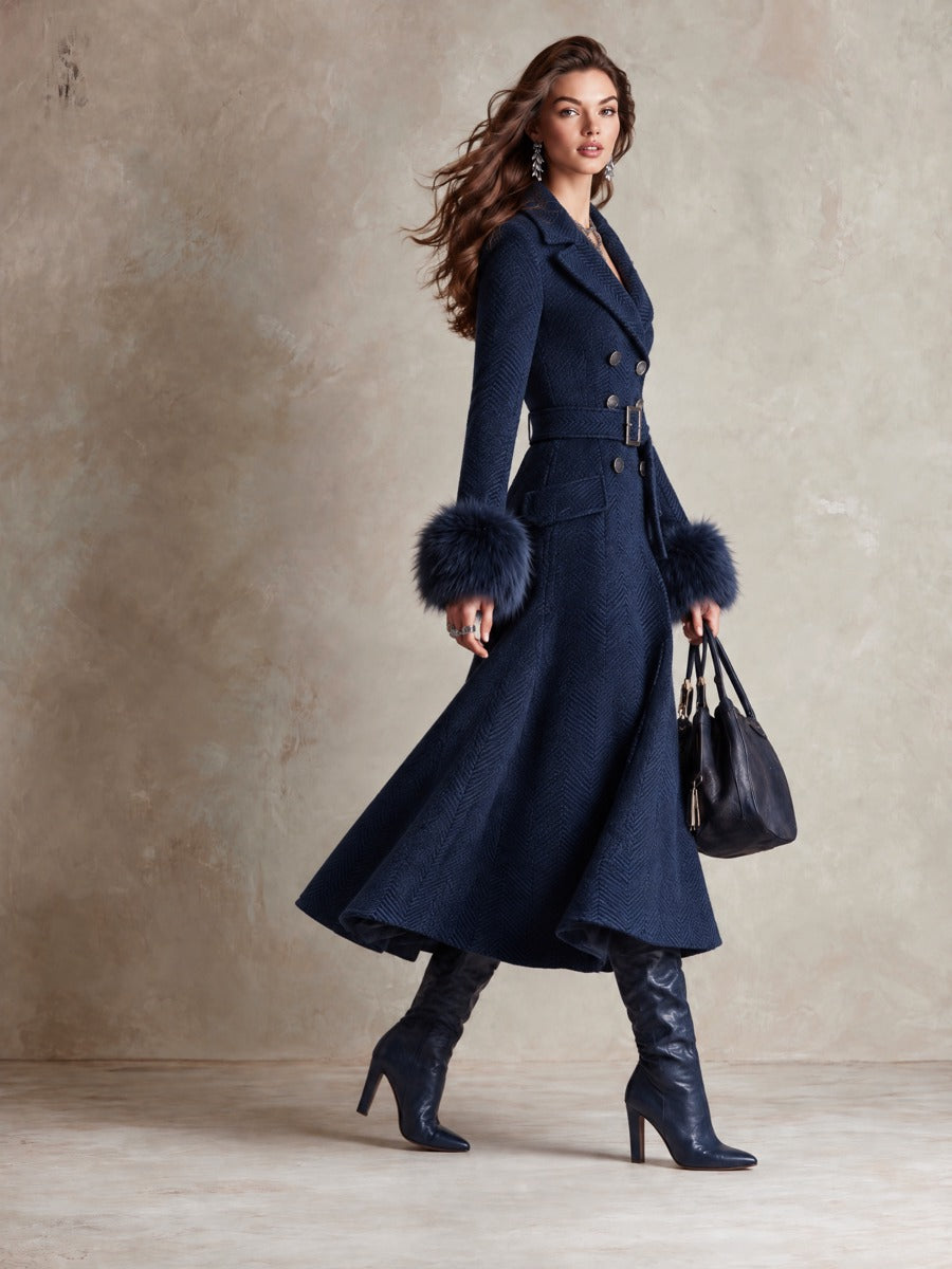 Elegant Belted Chenille Herringbone Long Coat With Detachable Fur Cuffs