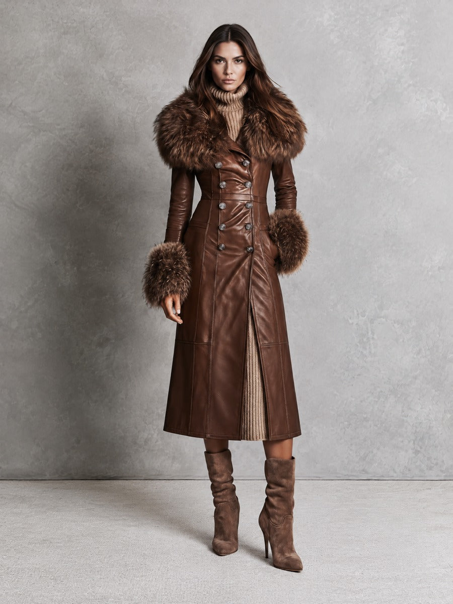 Vintage Brown Faux Leather Faux Fur Collar Long Coat With Double Breasted