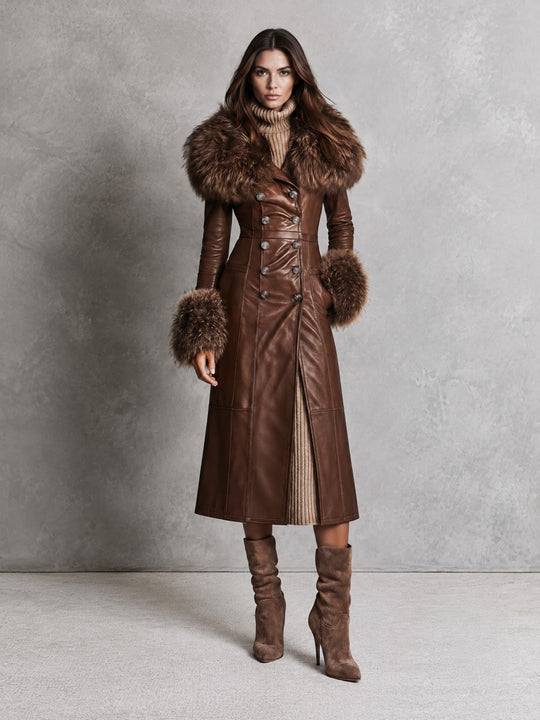 Vintage Brown Faux Leather Faux Fur Collar Long Coat With Double Breasted