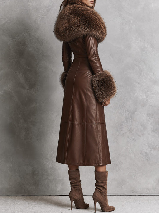 Vintage Brown Faux Leather Faux Fur Collar Long Coat With Double Breasted