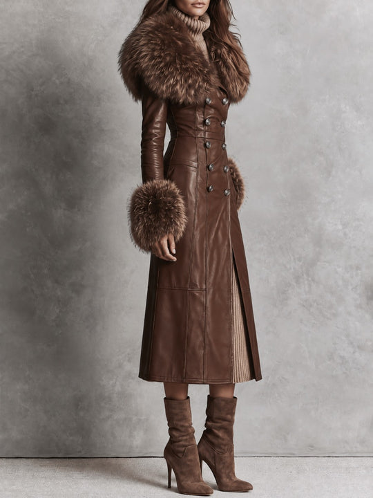 Vintage Brown Faux Leather Faux Fur Collar Long Coat With Double Breasted