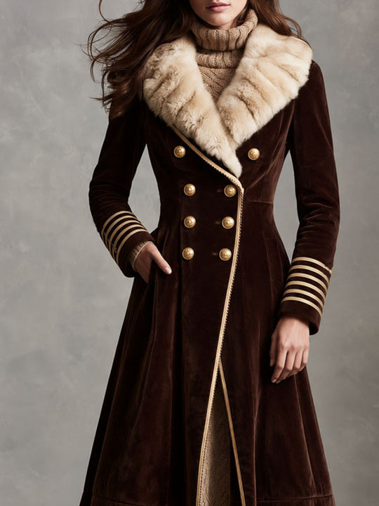 Vintage Brown Velvet Faux Fur Collar Long Coat With Double Breasted