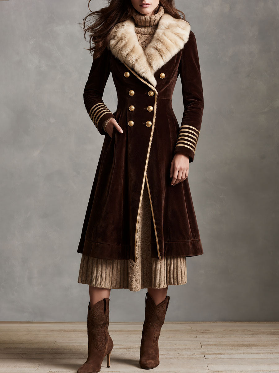 Vintage Brown Velvet Faux Fur Collar Long Coat With Double Breasted
