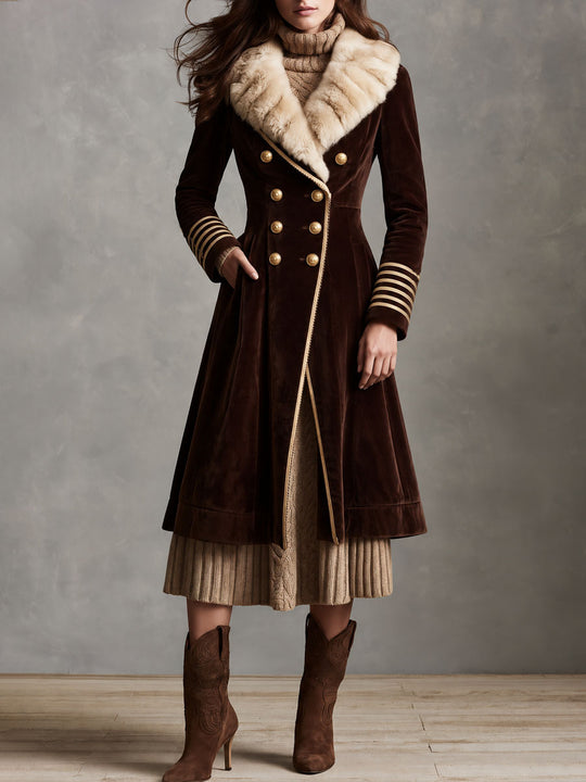 Vintage Brown Velvet Faux Fur Collar Long Coat With Double Breasted