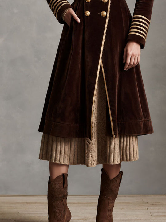 Vintage Brown Velvet Faux Fur Collar Long Coat With Double Breasted