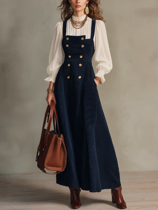 Elegant Navy Pleated Button Pinafore Maxi Dress