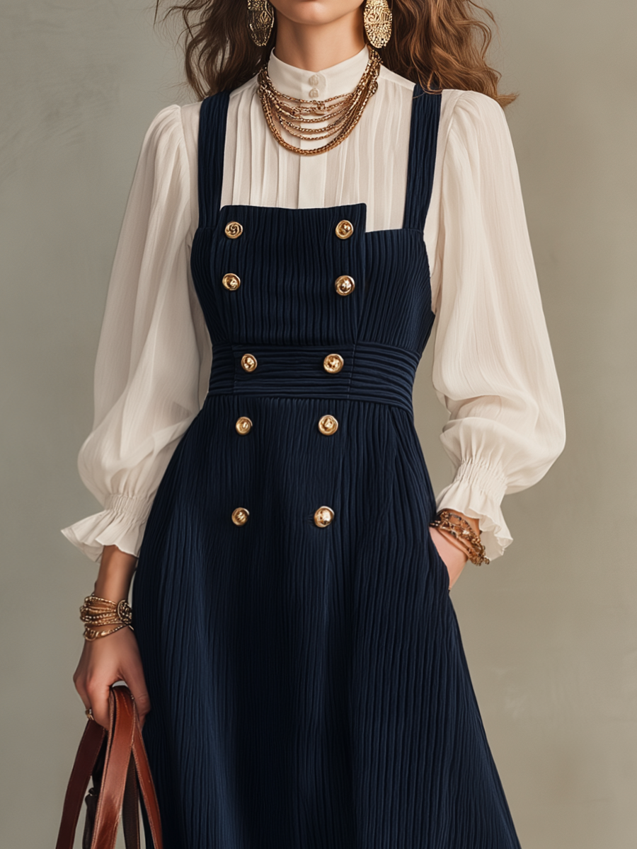 Elegant Navy Pleated Button Pinafore Maxi Dress