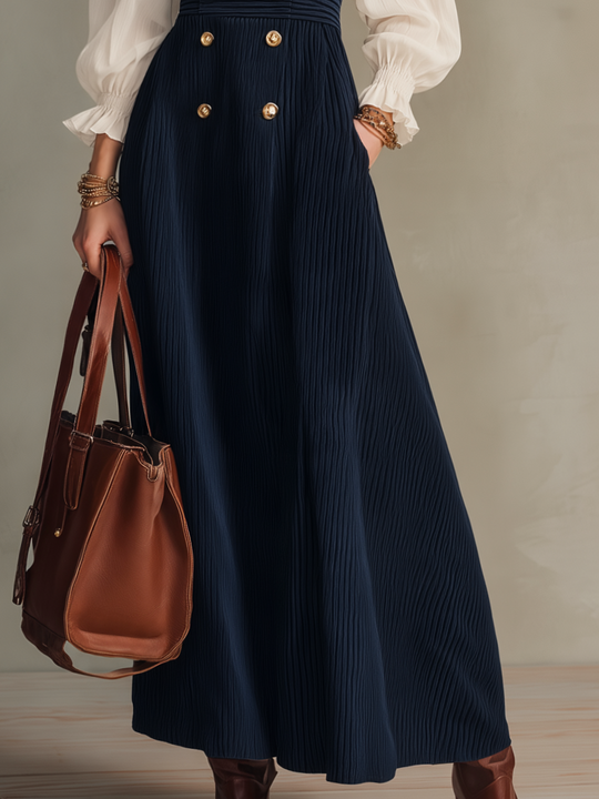 Elegant Navy Pleated Button Pinafore Maxi Dress