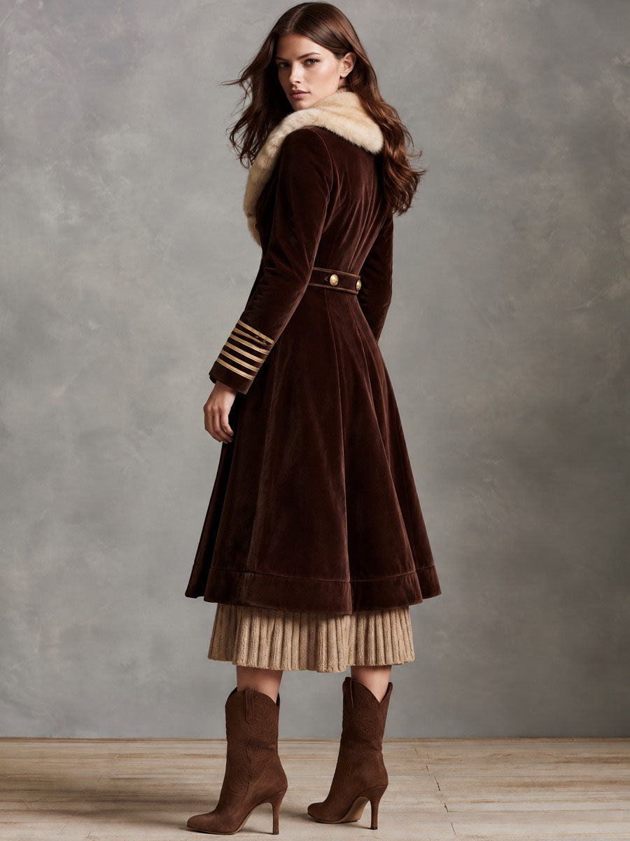 Vintage Brown Velvet Faux Fur Collar Long Coat With Double Breasted