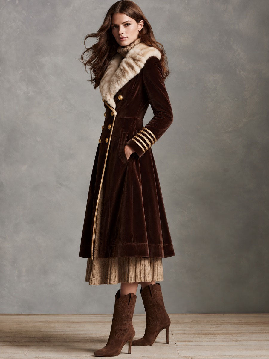 Vintage Brown Velvet Faux Fur Collar Long Coat With Double Breasted