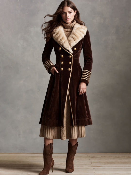 Vintage Brown Velvet Faux Fur Collar Long Coat With Double Breasted