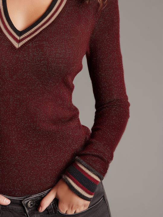 Classic Burgundy Striped V-Neck Knit Top