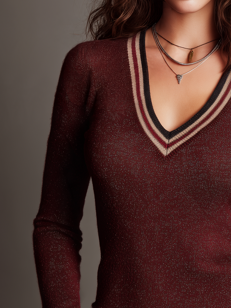 Classic Burgundy Striped V-Neck Knit Top