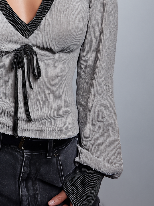 Feminine Gray Drawstring V-Neck Textured Top