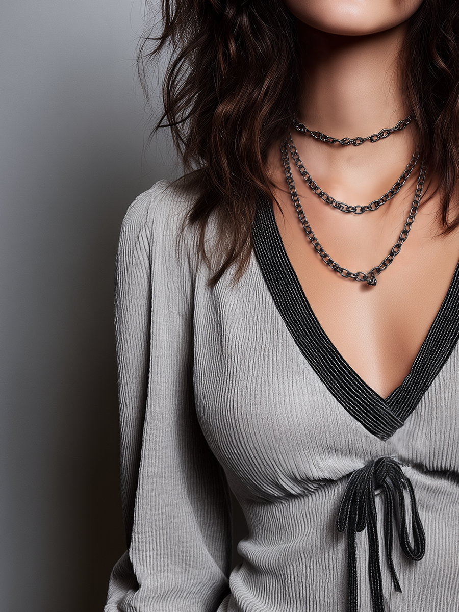 Feminine Gray Drawstring V-Neck Textured Top