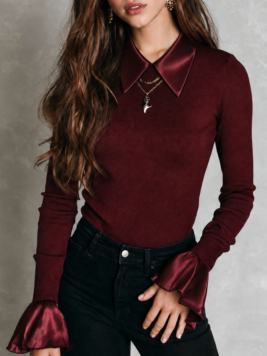 Vintage Burgundy Satin Collar Long Sleeve Ribbed Knit Bodysuit