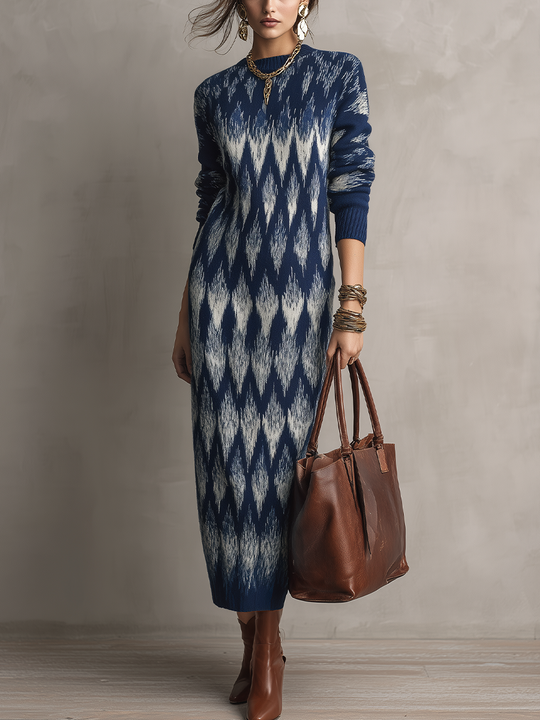 Artistic Navy Abstract Pattern Knit Maxi Dress