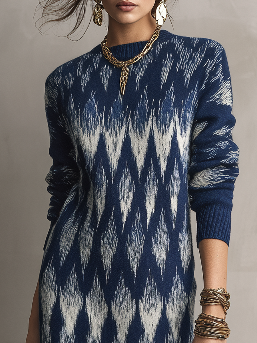 Artistic Navy Abstract Pattern Knit Maxi Dress