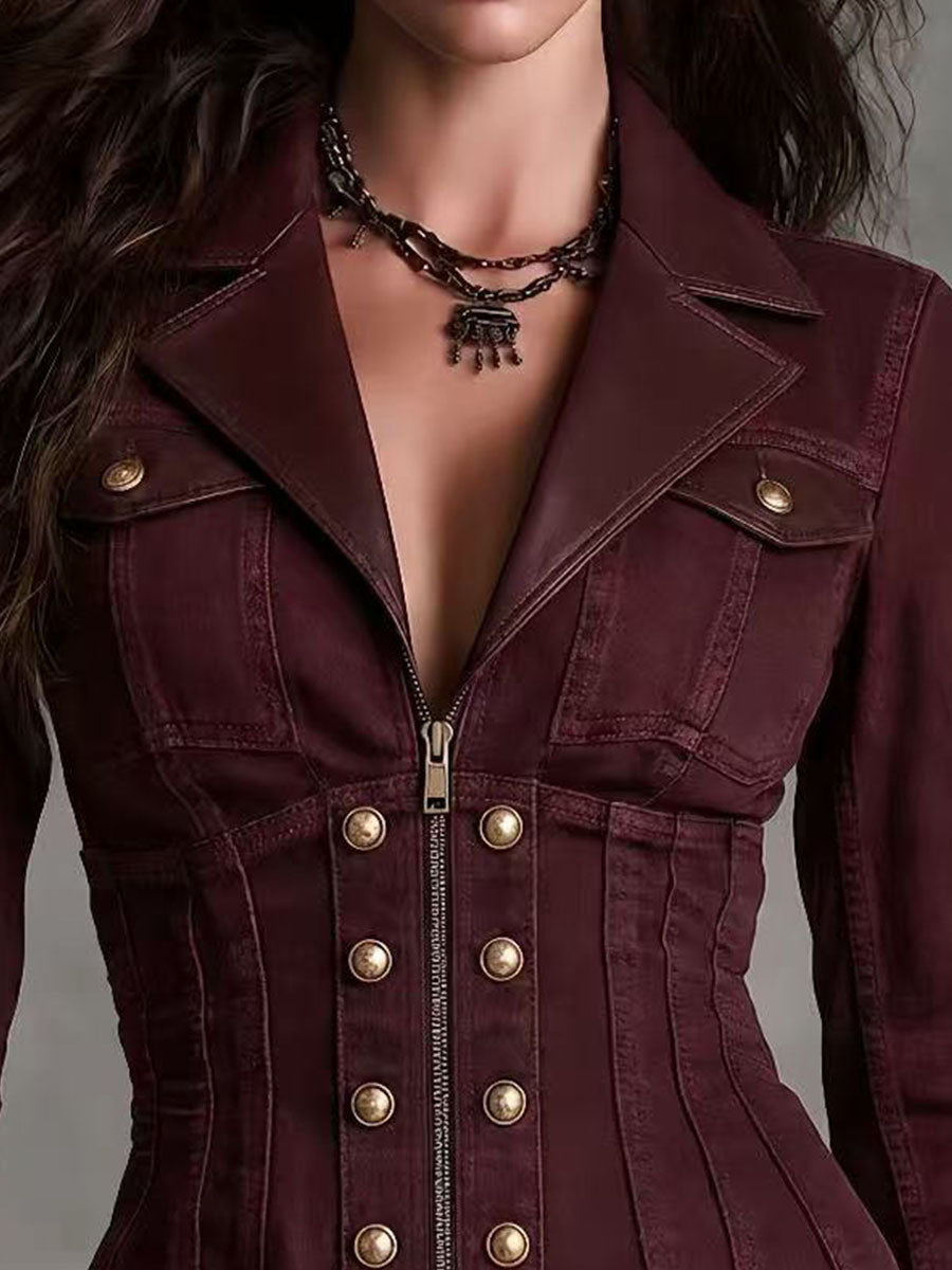 Vintage Burgundy Faux Leather Cuff And Lapel Denim Shirt Jacket
