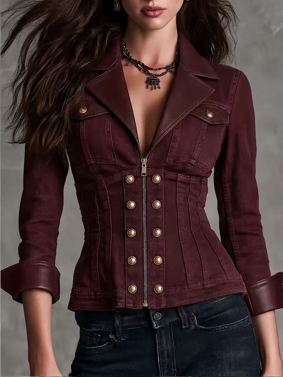 Vintage Burgundy Faux Leather Cuff And Lapel Denim Shirt Jacket