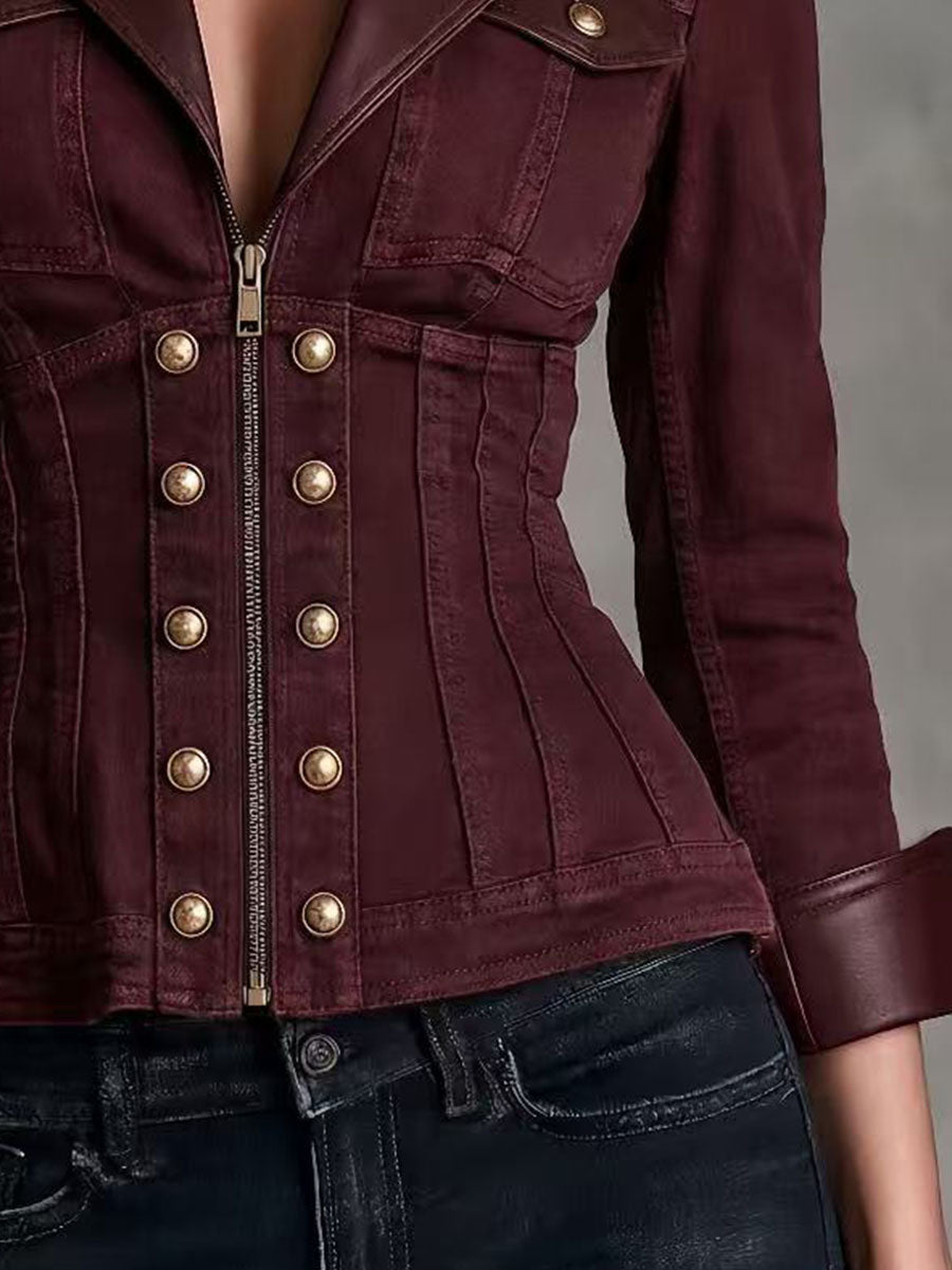 Vintage Burgundy Faux Leather Cuff And Lapel Denim Shirt Jacket