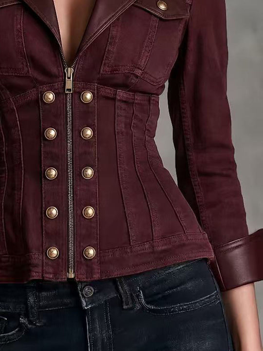 Vintage Burgundy Faux Leather Cuff And Lapel Denim Shirt Jacket