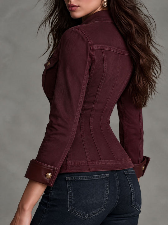 Vintage Burgundy Faux Leather Cuff And Lapel Denim Shirt Jacket