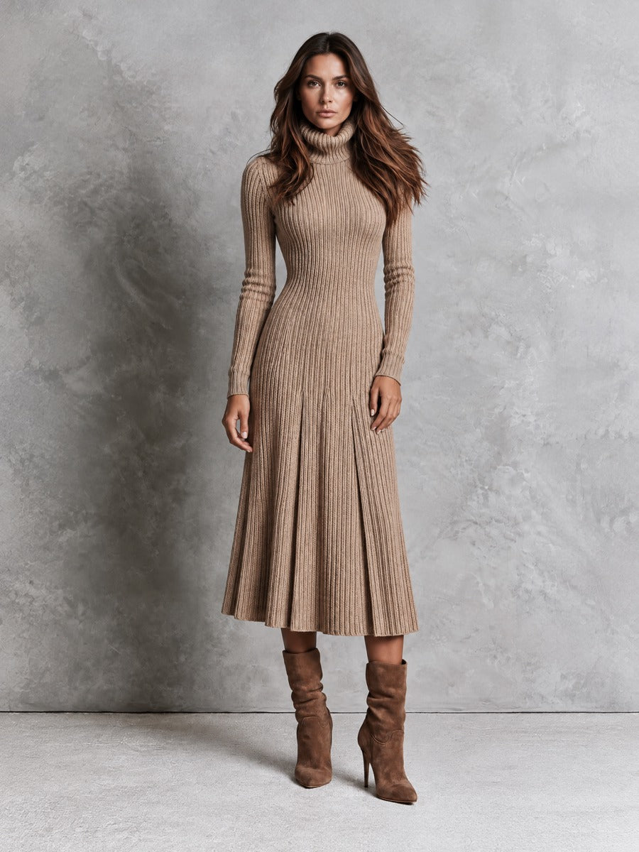Elegant Oatmeal Turtleneck Ribbed Pleated Knit Midi Dress