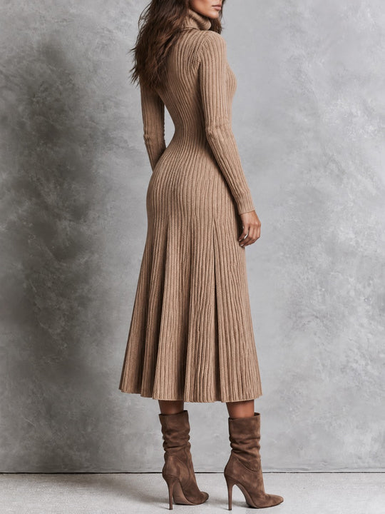 Elegant Oatmeal Turtleneck Ribbed Pleated Knit Midi Dress
