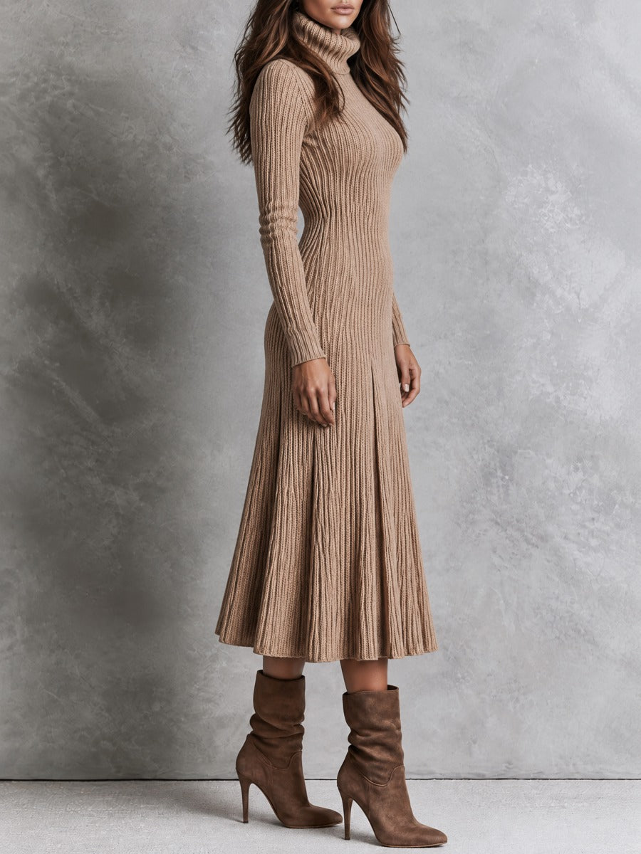 Elegant Oatmeal Turtleneck Ribbed Pleated Knit Midi Dress