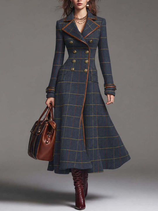 Vintage Plaid Double-breasted Wool-blend Long Coat