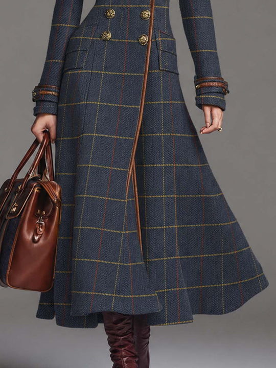 Vintage Plaid Double-breasted Wool-blend Long Coat