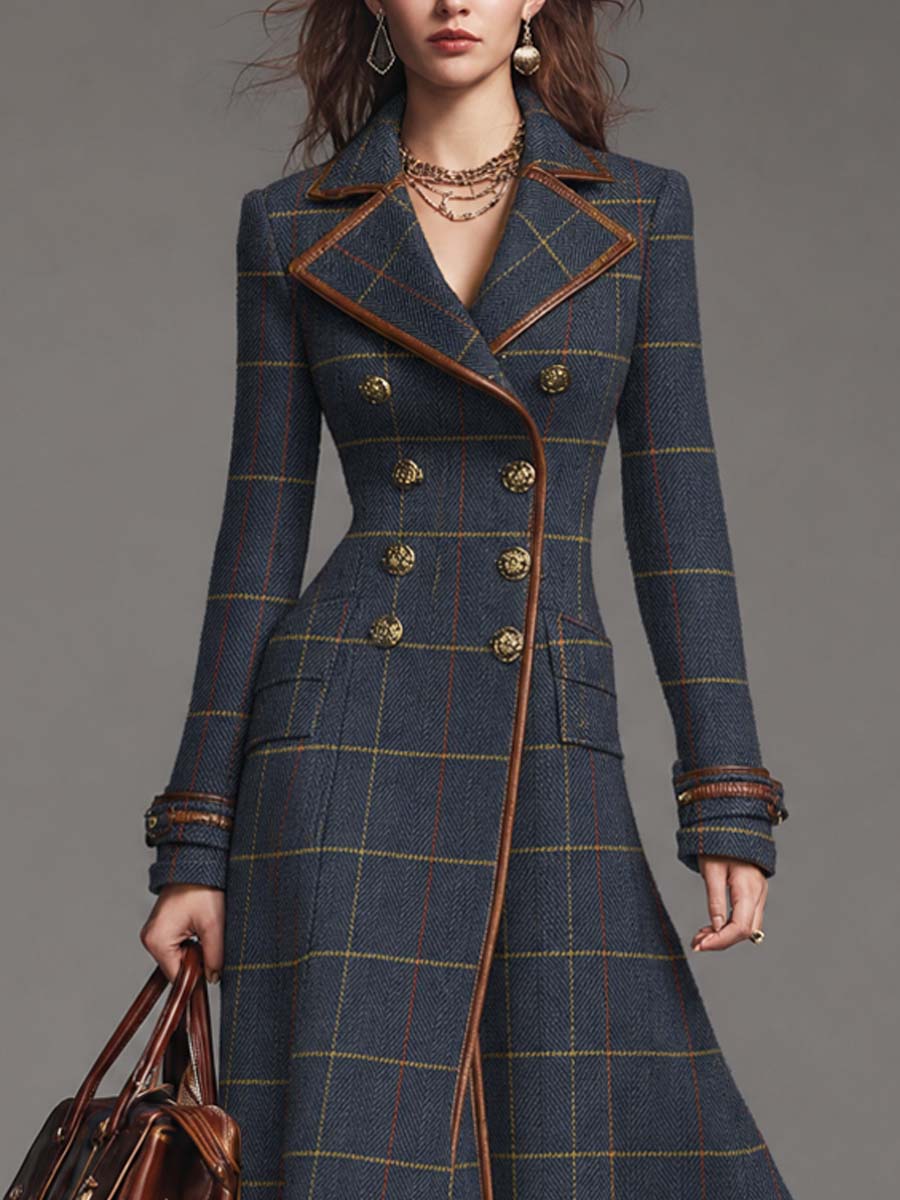 Vintage Plaid Double-breasted Wool-blend Long Coat