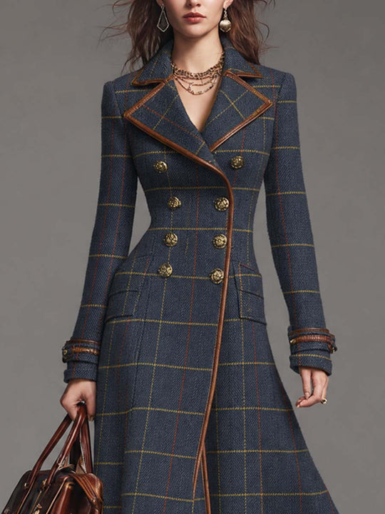 Vintage Plaid Double-breasted Wool-blend Long Coat