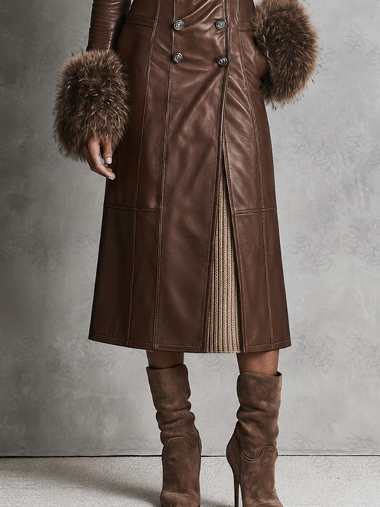 Vintage Brown Faux Leather Faux Fur Collar Long Coat With Double Breasted