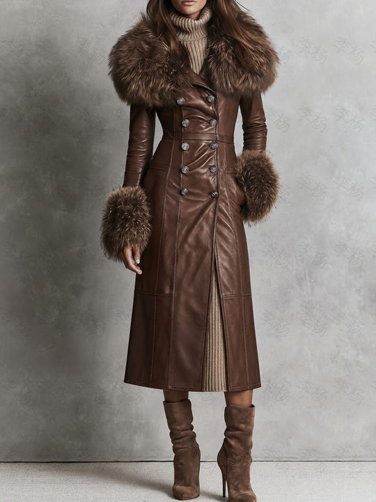 Vintage Brown Faux Leather Faux Fur Collar Long Coat With Double Breasted