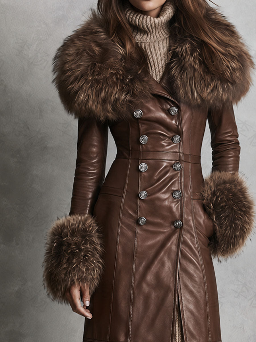 Vintage Brown Faux Leather Faux Fur Collar Long Coat With Double Breasted