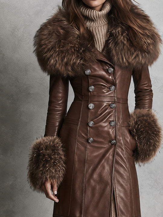 Vintage Brown Faux Leather Faux Fur Collar Long Coat With Double Breasted