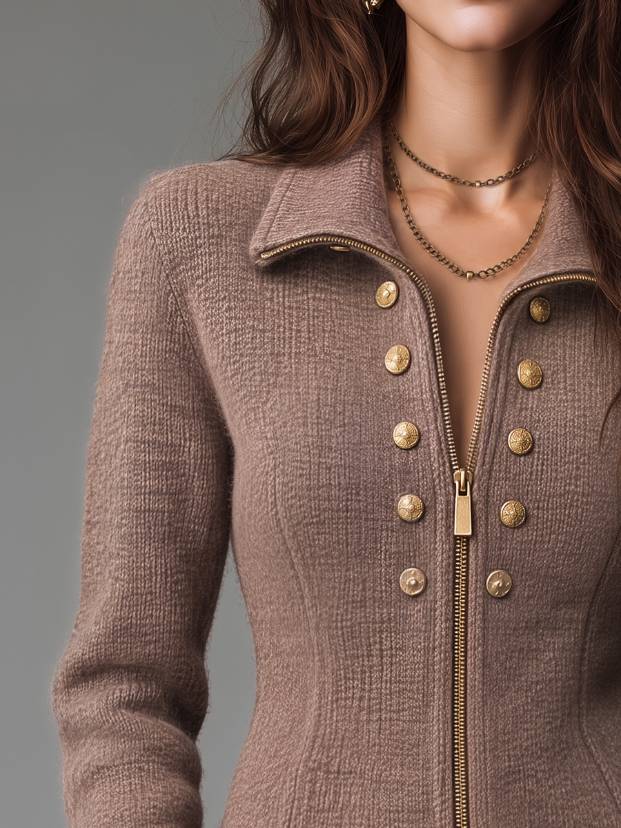 Refined Taupe Fringe Trim Zip-Up Knit Jacket
