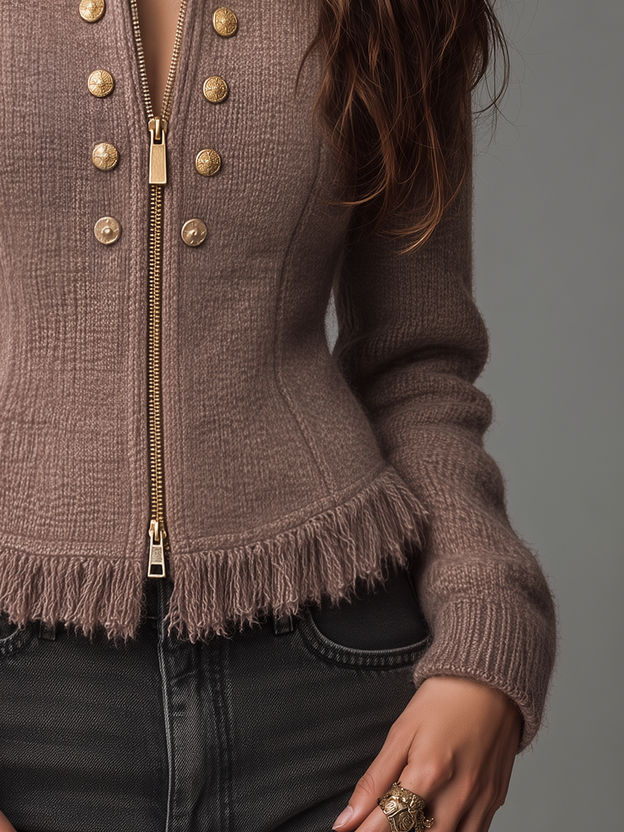 Refined Taupe Fringe Trim Zip-Up Knit Jacket
