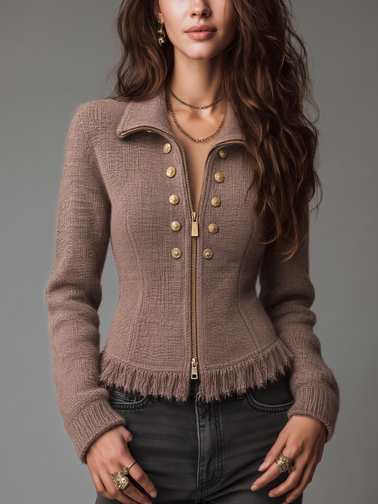 Refined Taupe Fringe Trim Zip-Up Knit Jacket