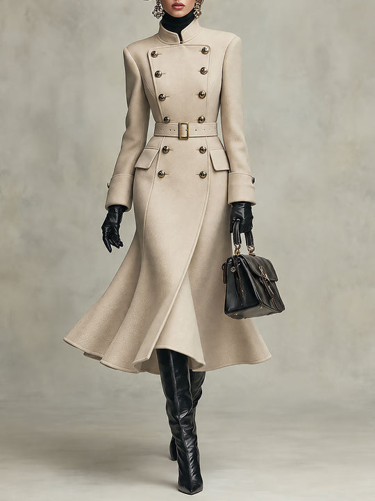Elegant Double-Breasted Military Style Wool Coat With Belt
