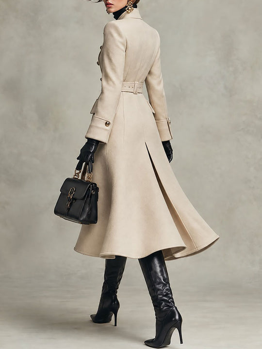 Elegant Double-Breasted Military Style Wool Coat With Belt