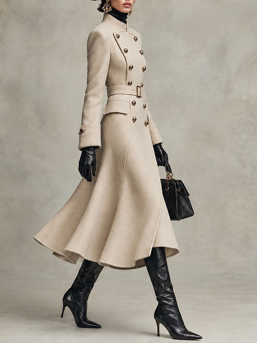 Elegant Double-Breasted Military Style Wool Coat With Belt