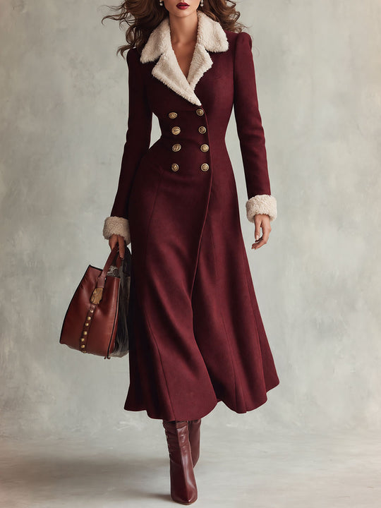 Women's Elegant Faux Fur Collar Double-Breasted Maxi Wool Coat