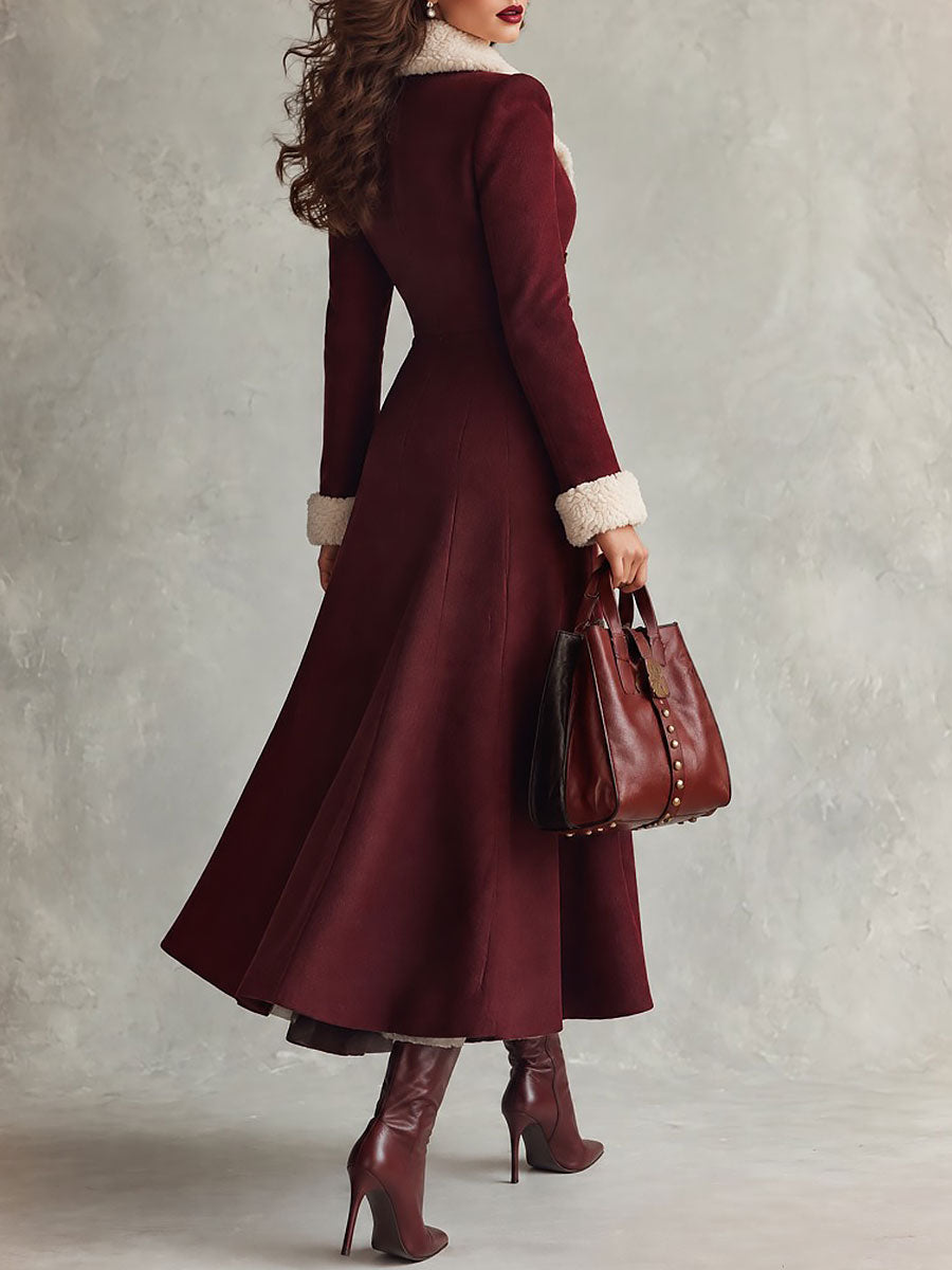 Women's Elegant Faux Fur Collar Double-Breasted Maxi Wool Coat